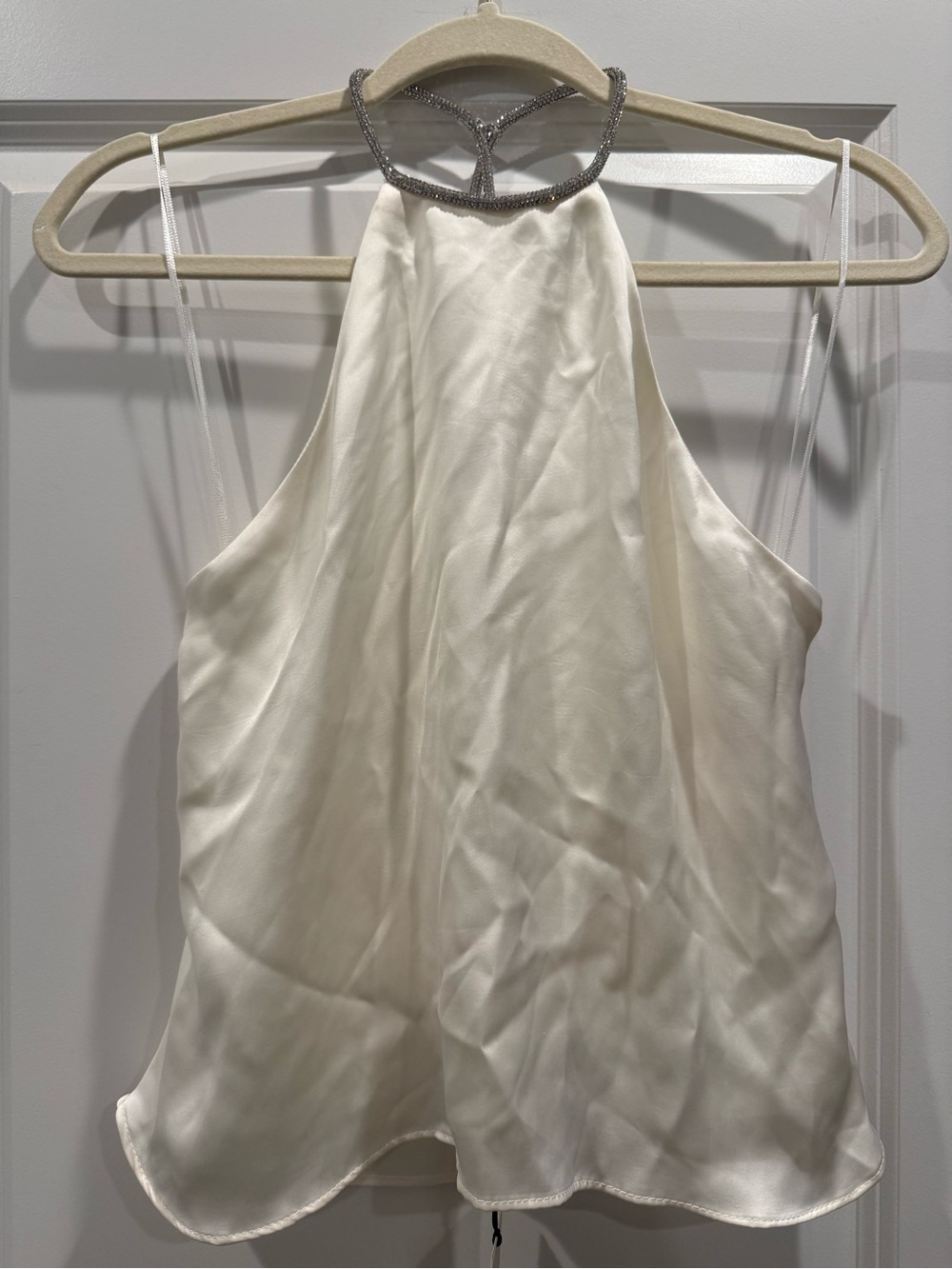 Zara Ivory Halter Satin Crop Top with Beaded Collar
